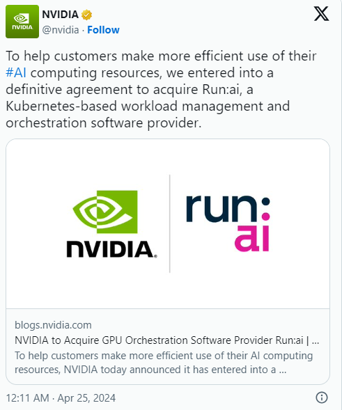 ​英伟达斥资7亿美元收购Run:ai，进一步巩固在AI领域地位